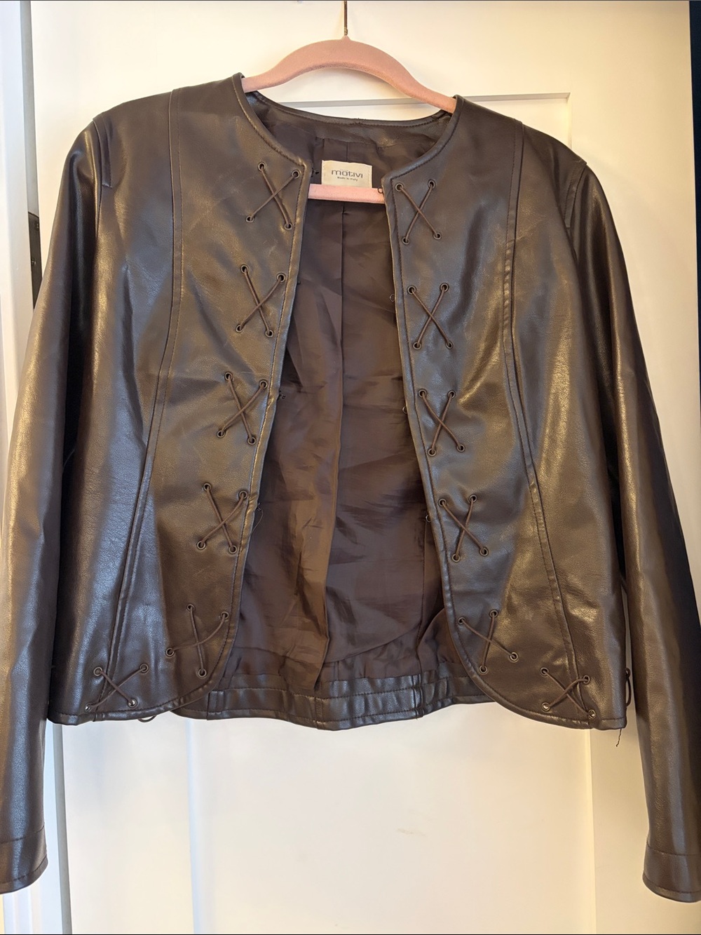 Motivi Dark Brown Faux Leather Lace-Up Detail Jacket (Made in Italy)SEE SIZE PIC